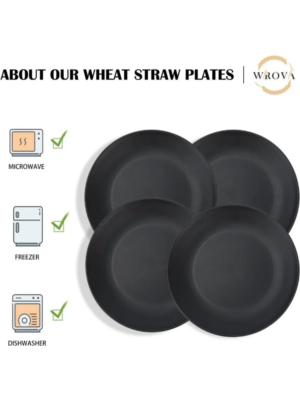 10-Inch Black Wheat Straw Plates Set of 8 | Unbreakable, Microwave & Dishwasher